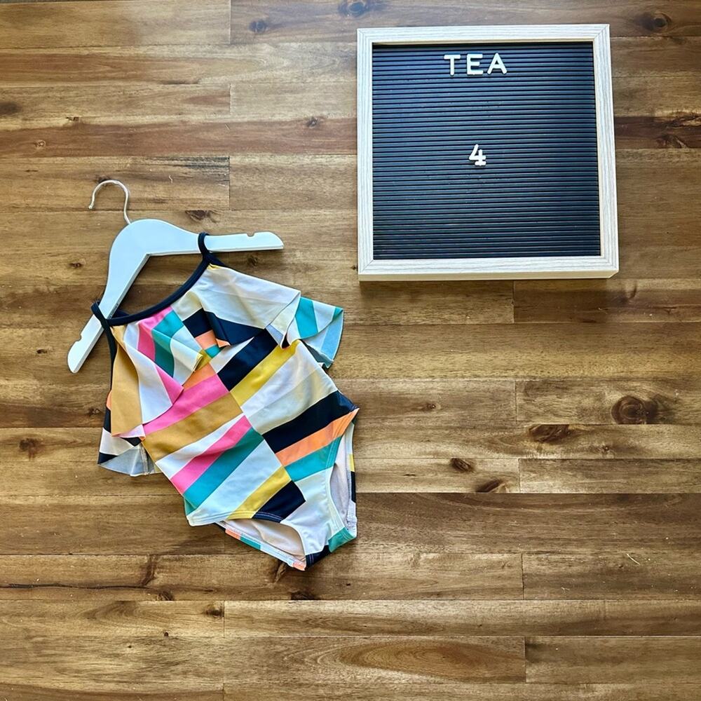 Tea Collection Black Mixed Print Geometric One Piece Flutter Swimsuit Summer 4
